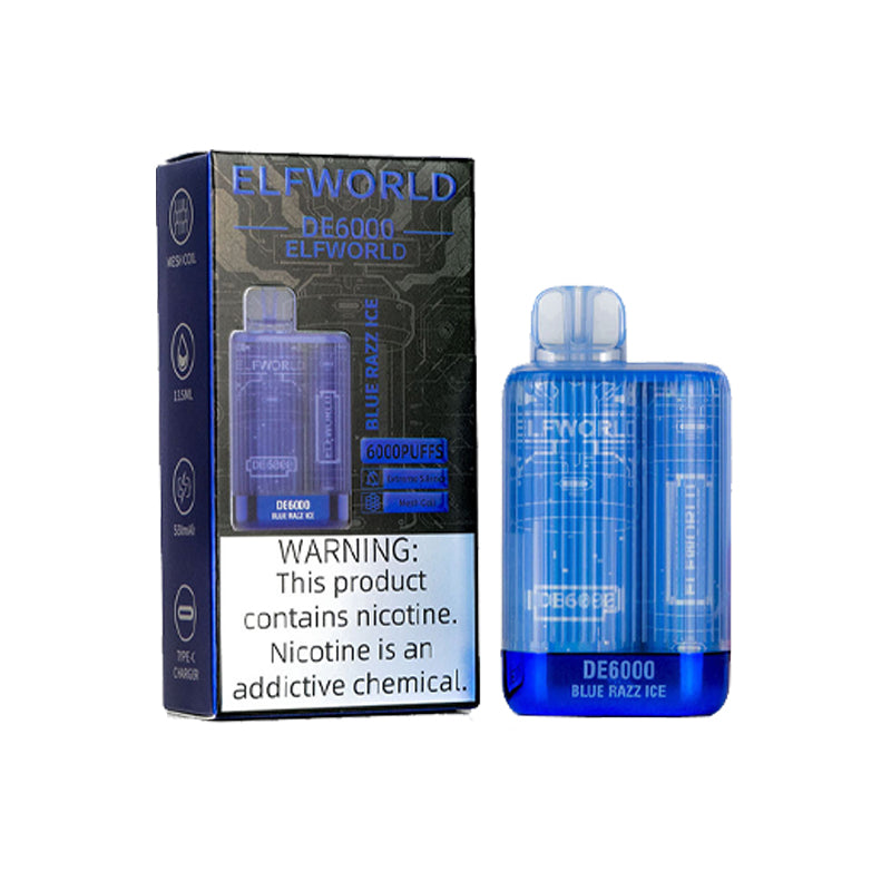 Blue razz ice ELFWORLD DE6000 ULTRA RECHARGEABLE DISPOSABLE VAPE POD DEVICE 6000 PUFFS