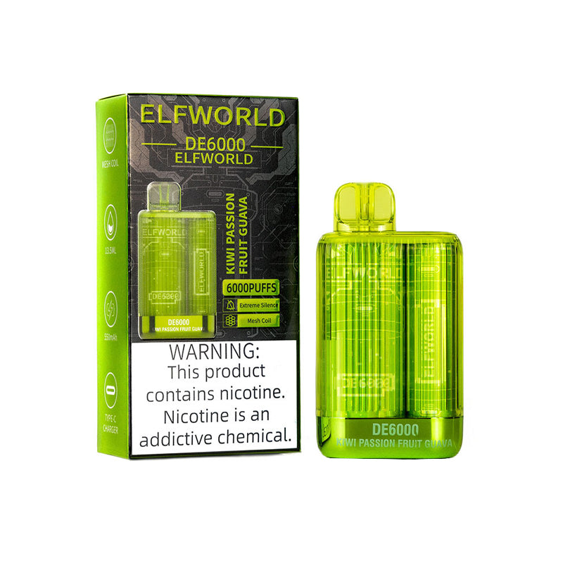 Kiwi passion fruit guava ELFWORLD DE6000 ULTRA RECHARGEABLE DISPOSABLE VAPE POD DEVICE 6000 PUFFS