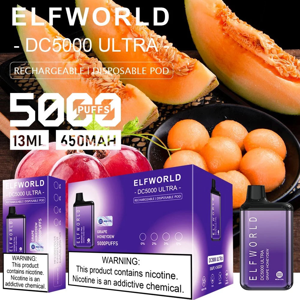 Grape honeydew ELFWORLD DC5000 ULTRA RECHARGEABLE DISPOSABLE VAPE POD DEVICE 5000 PUFFS