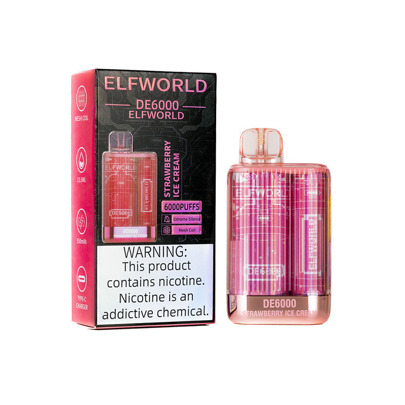 Strawberry ice cream ELFWORLD DE6000 ULTRA RECHARGEABLE DISPOSABLE VAPE POD DEVICE 6000 PUFFS